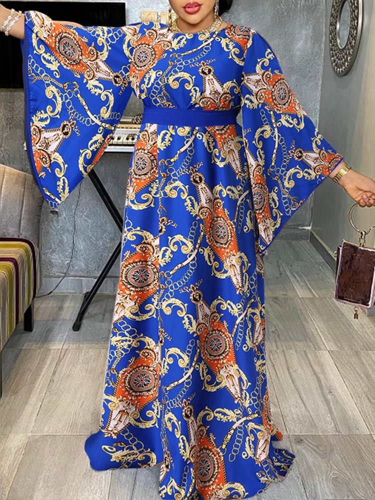 Chain Print Bell Sleeve Round Neck Maxi Dress SKUJ37937 QueenFunky