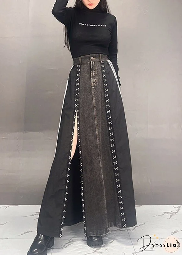 Fashion Dark Grey Patchwork Side Open Denim Skirts Fall
