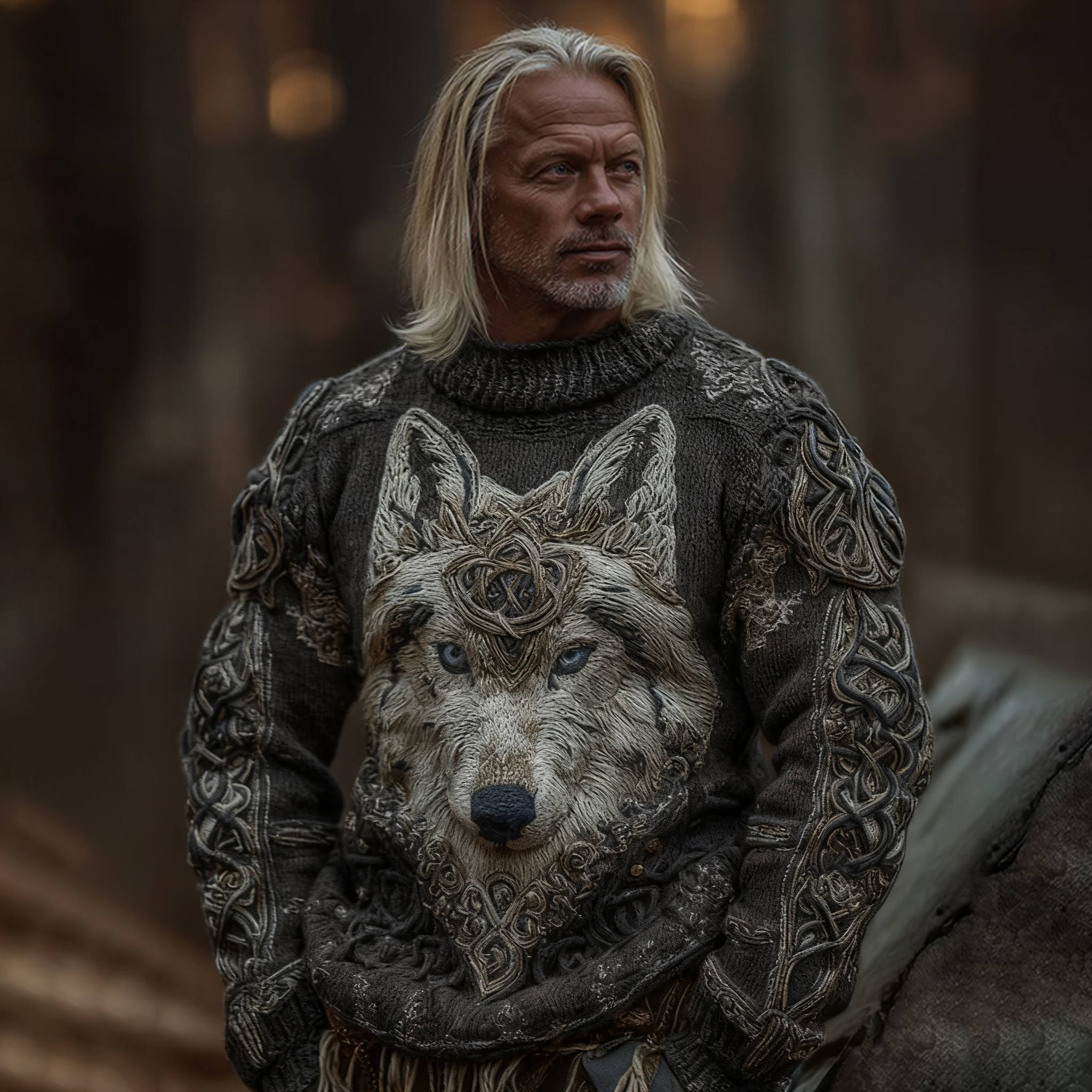 Men's Viking Wolf Knit Pullover Sweater  artssus