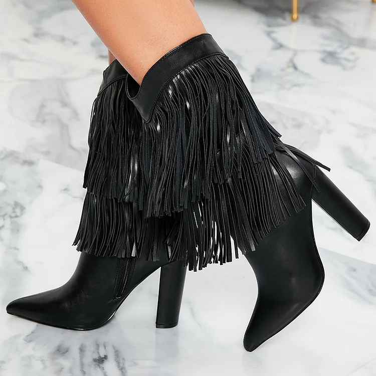 Women's Stiletto High Heel Ankle Boots with Tassel Pointy Toe