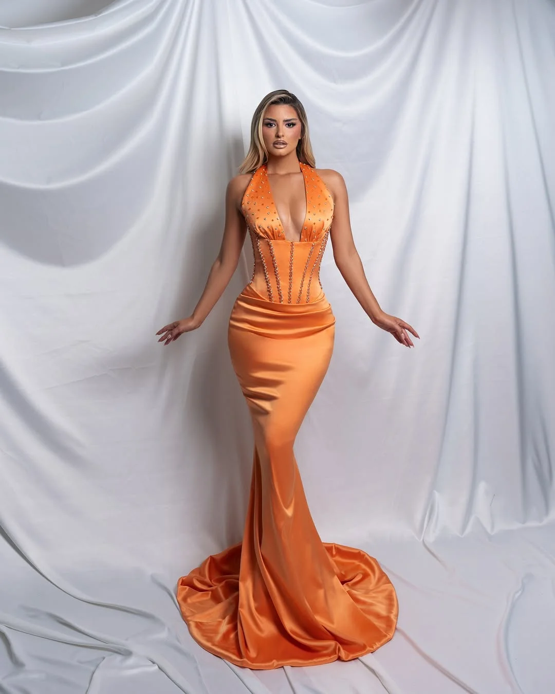 Glamorous Orange Halter Strap Sleeveless Mermaid Beaded Prom Dress YK0204