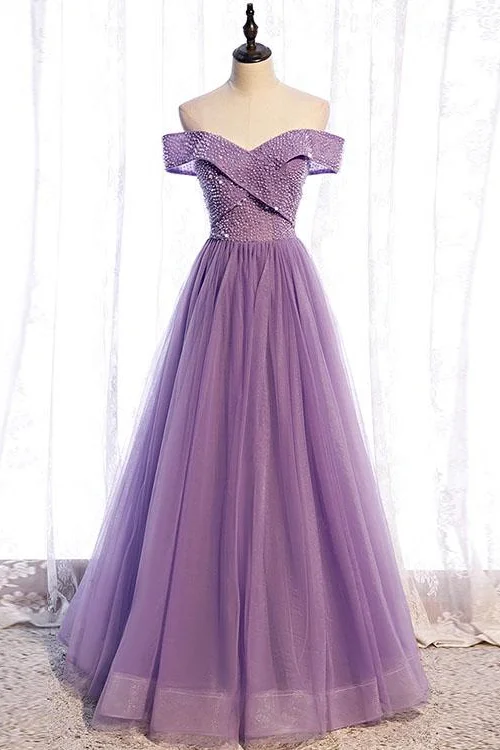 Daisda Purple Sequins Prom Dress With Off-The-Shoulder Sweetheart