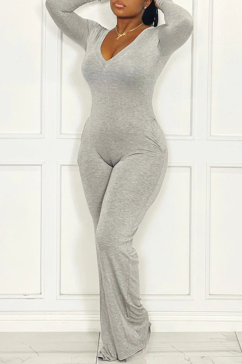 Grey Casual Solid Patchwork V Neck Straight Jumpsuits(Without Belt) | EGEMISS