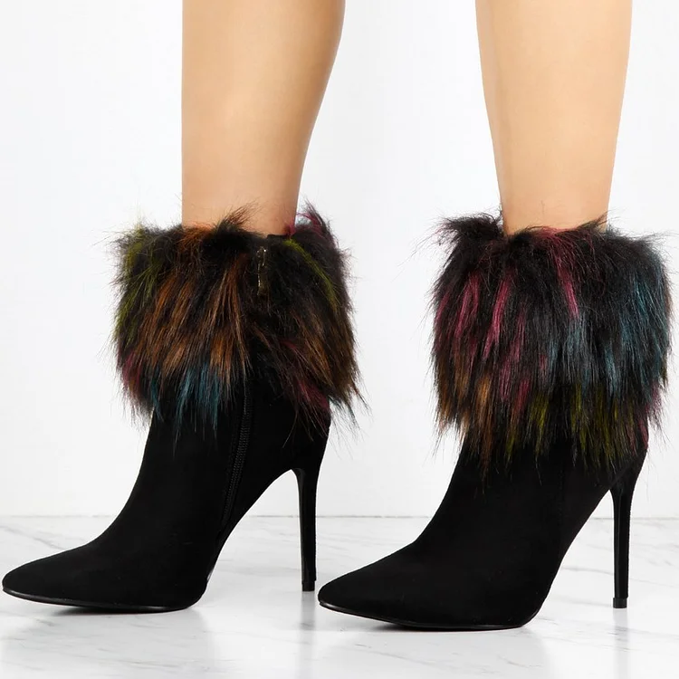 Black Fur Suede Pointy Toe Ankle Boots Vdcoo