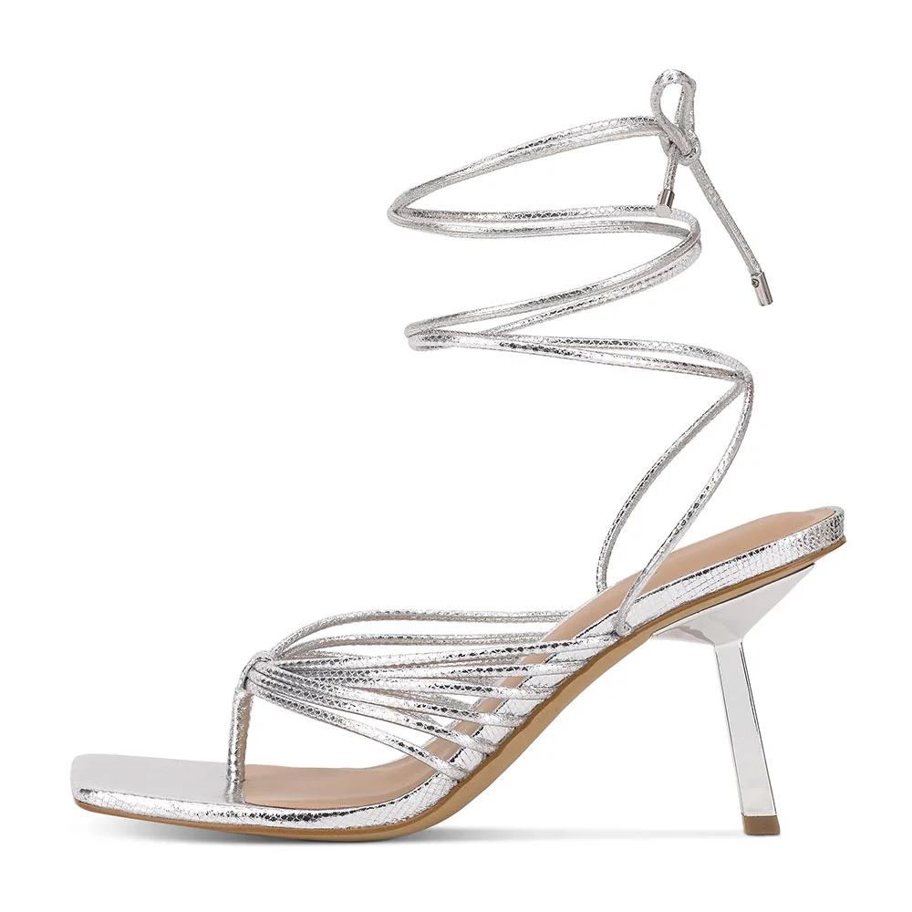Silver Metallic Square Toe Flip Flops Lace Up Heeled Sandals