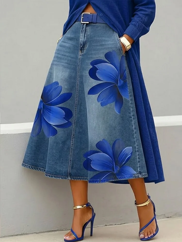 Casual Artistic Floral-print A-line Denim Skirt