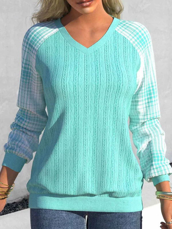 Casual Plaid Long Sleeve V Neck Sweatshirt