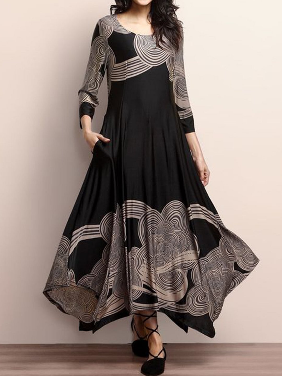 Elegant crew Neck Irregular Hem Midi Dress with Pockets