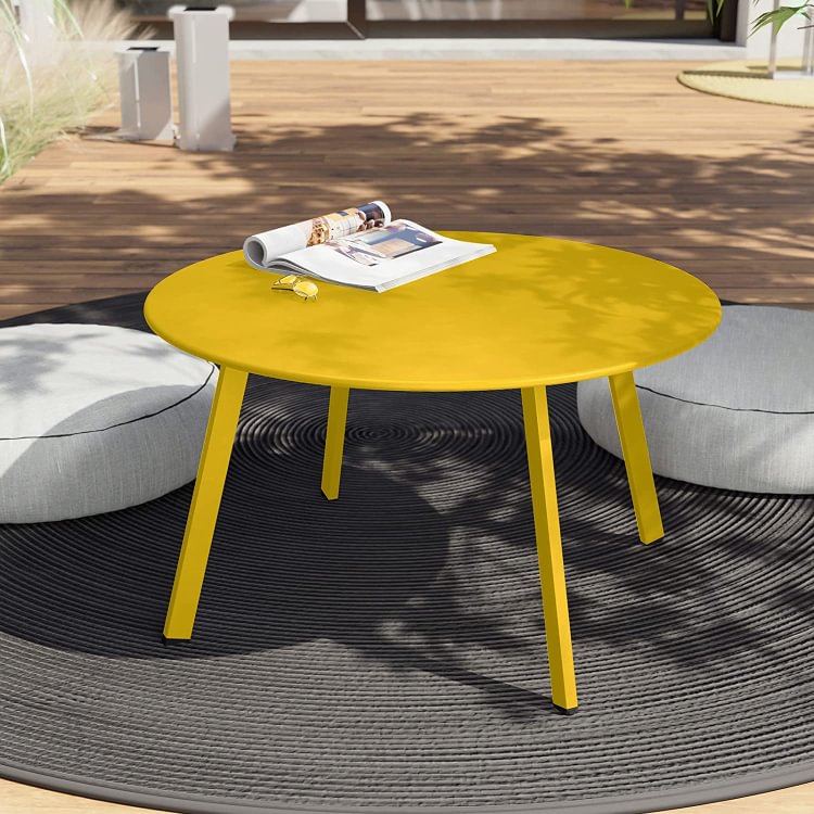 Round Steel Patio Coffee Table, Weather Resistant Outdoor Large Side Table (Yellow)