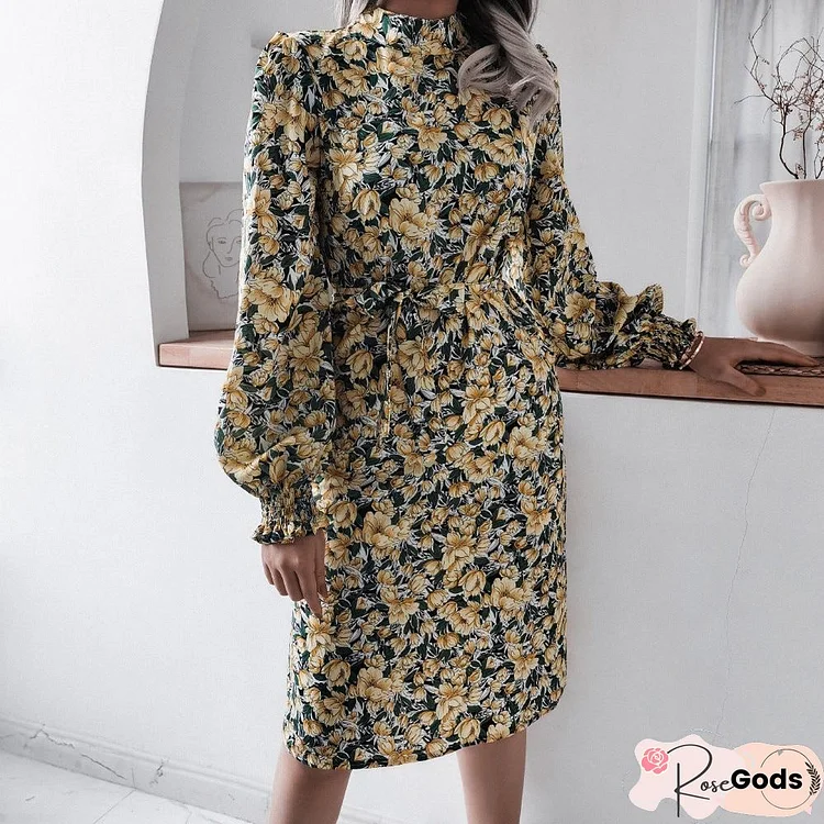 Floral Stand Collar Lantern Long Sleeve Chiffon Dress