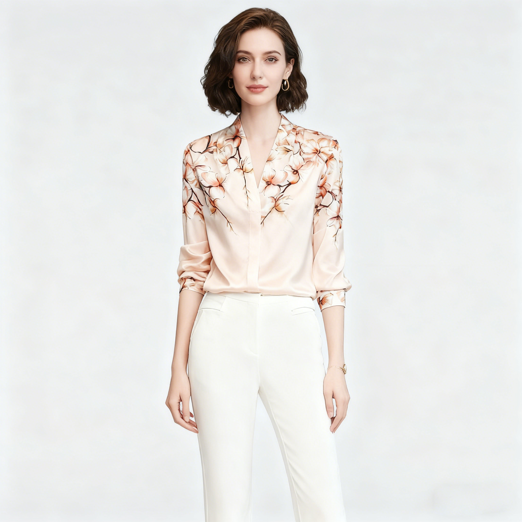 Pink V-neck Froral Silk Blouses For Women Button Up REAL SILK LIFE