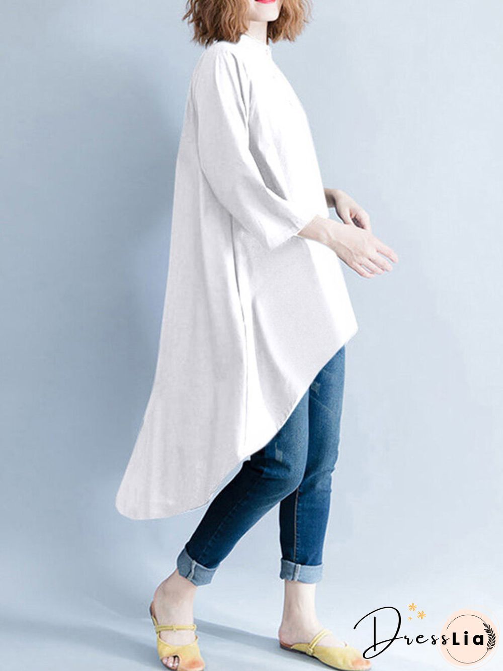 Solid Irregular Hem Button Stand Collar Blouse