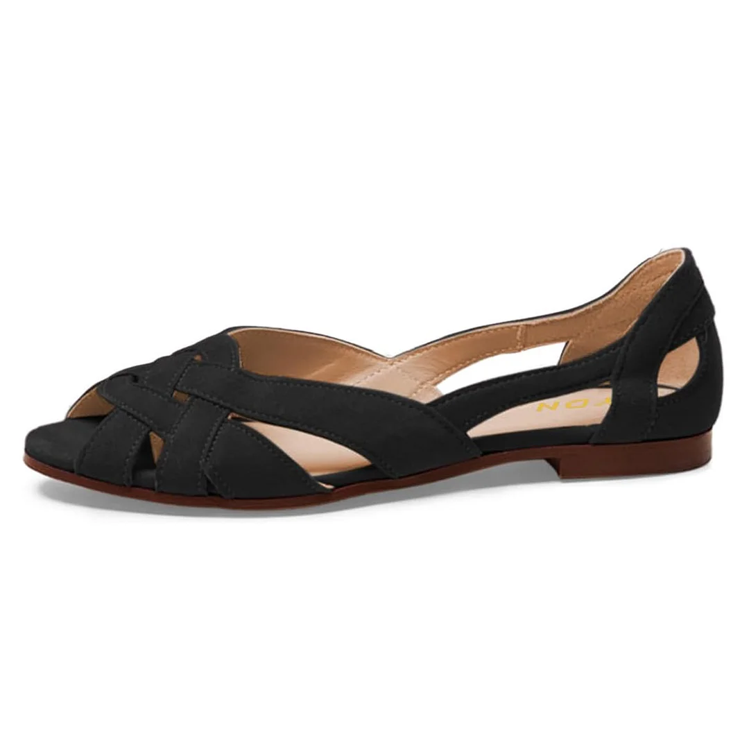 Vegan Suede Cut-Out Peep Toe Woven Flat Women's Sandals in Black