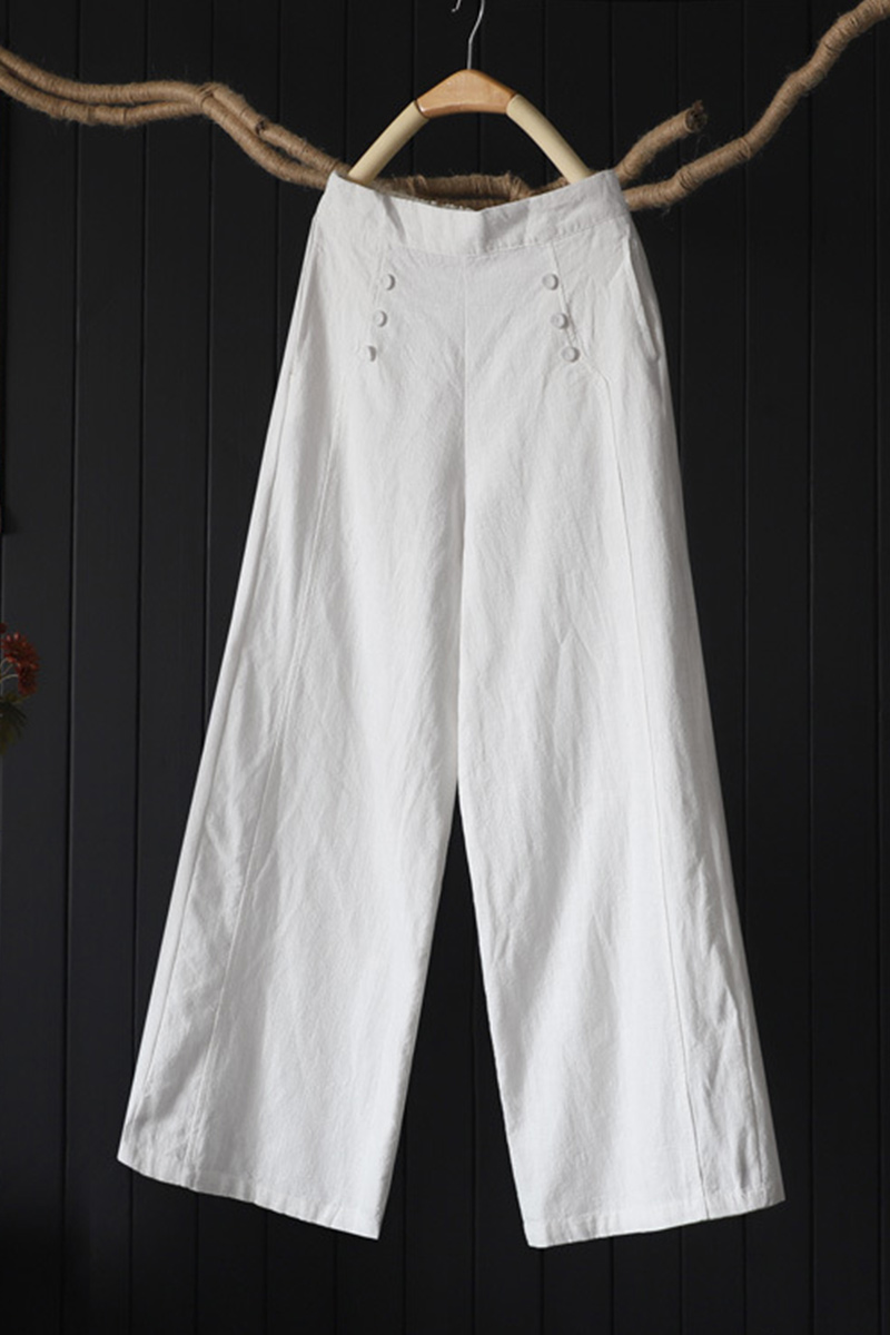 Flycurvy Plus Size Casual White Linen Pocket Button Hight Waist Pants 2024 - Flycurvy 