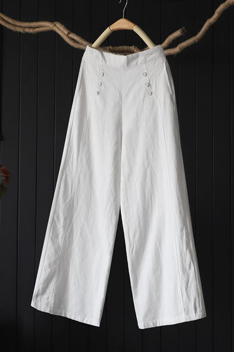 Flycurvy Plus Size Casual White Linen Pocket Button Hight Waist Pants  Flycurvy [product_label]