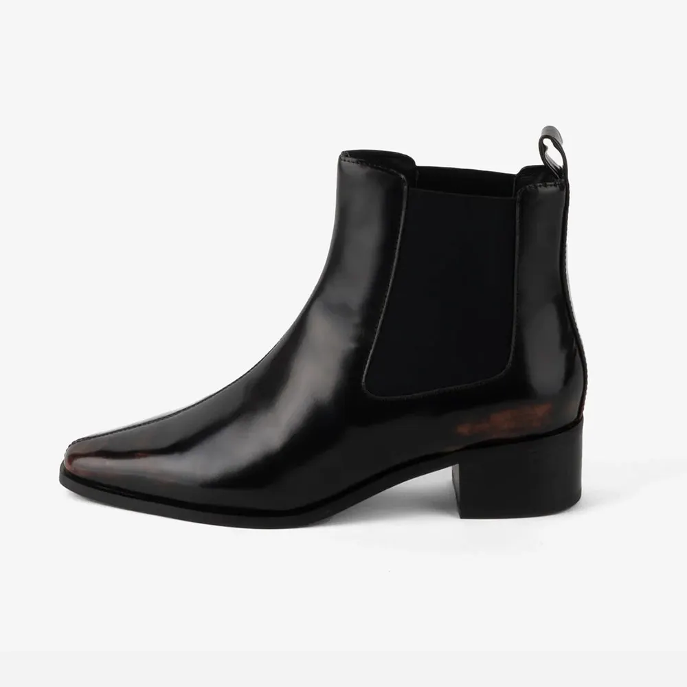Classic Black Closed Toe Chunky Heel Pull On Chelsea Boots Women
