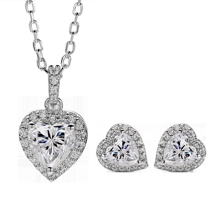 Heart Shape Moissanite 925 Sterling Silver Halo Jewelry Set