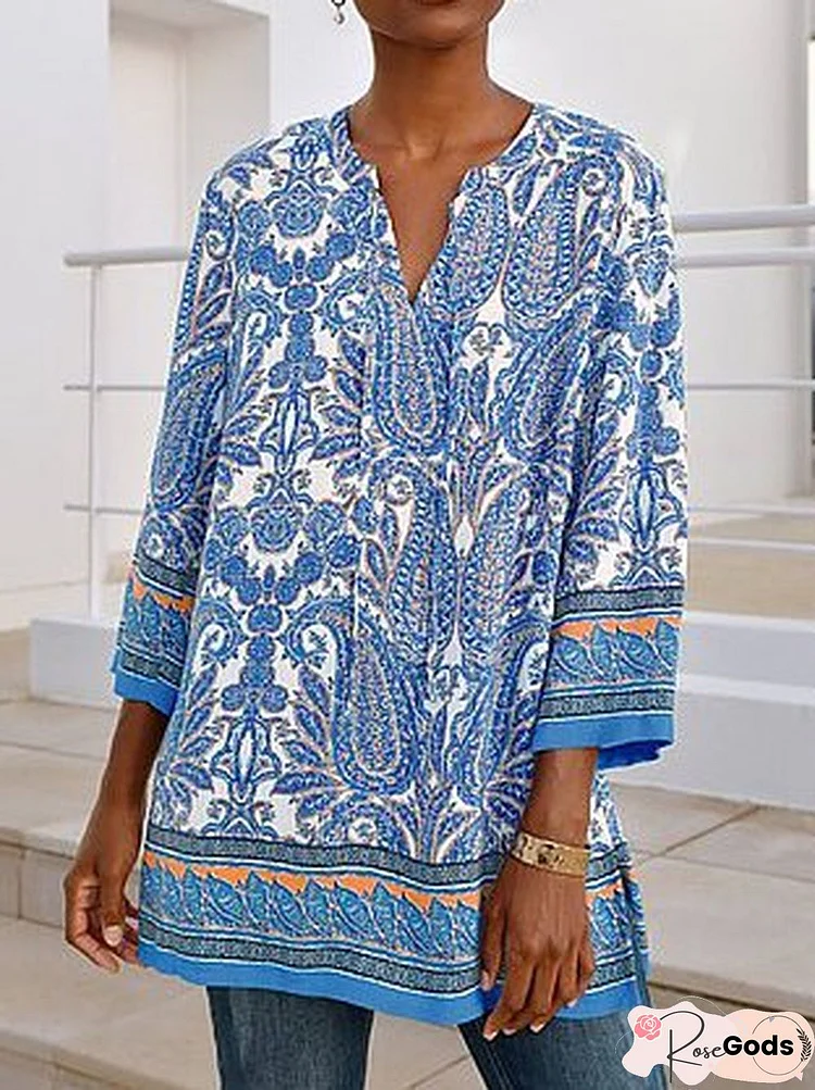 Paisley V Neck Casual Loose Blouse