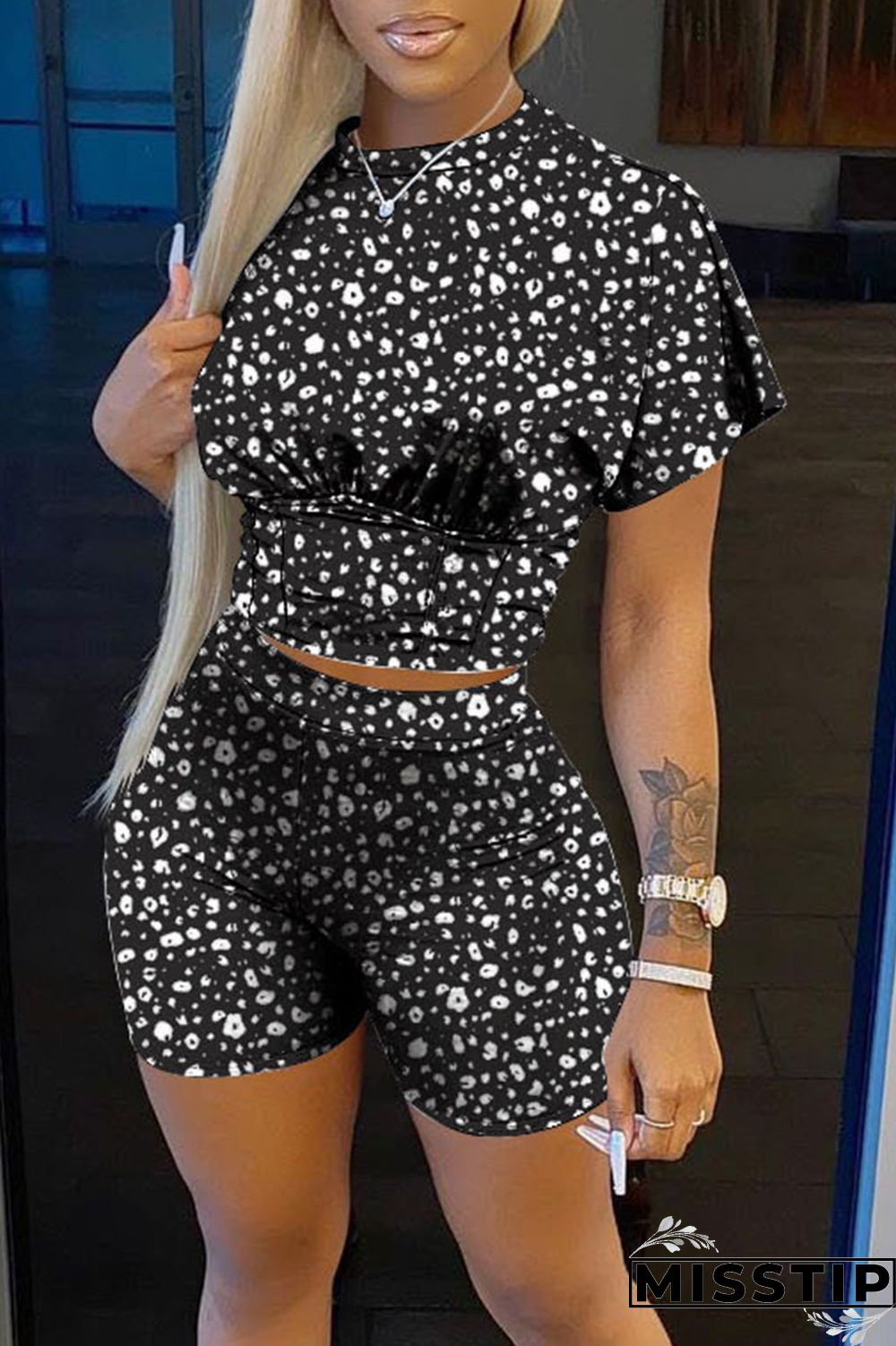 Pink Casual Print Patchwork O Neck Short Sleeve Two Pieces