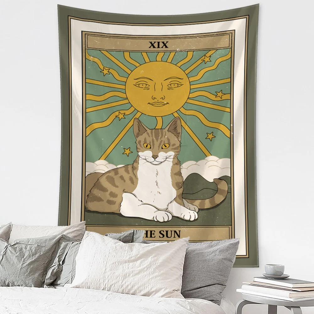 Cartoon Cat Tarot Tapestry Wall Hanging Mysterious Psychedelic Witchcraft Tapiz Hippie Kawaii Home Decor