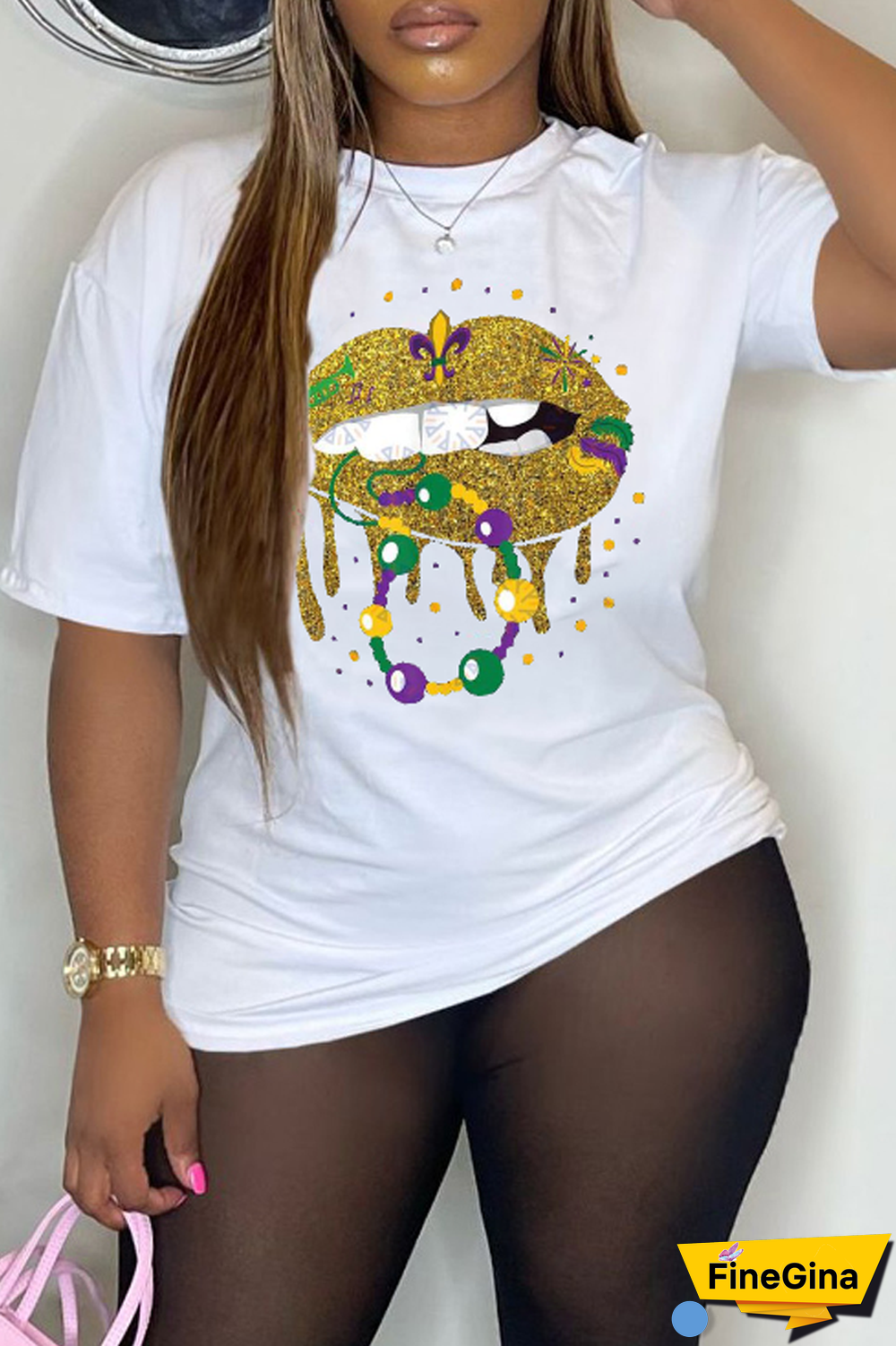 Grey Party Vintage Lips Printed Patchwork O Neck T-Shirts