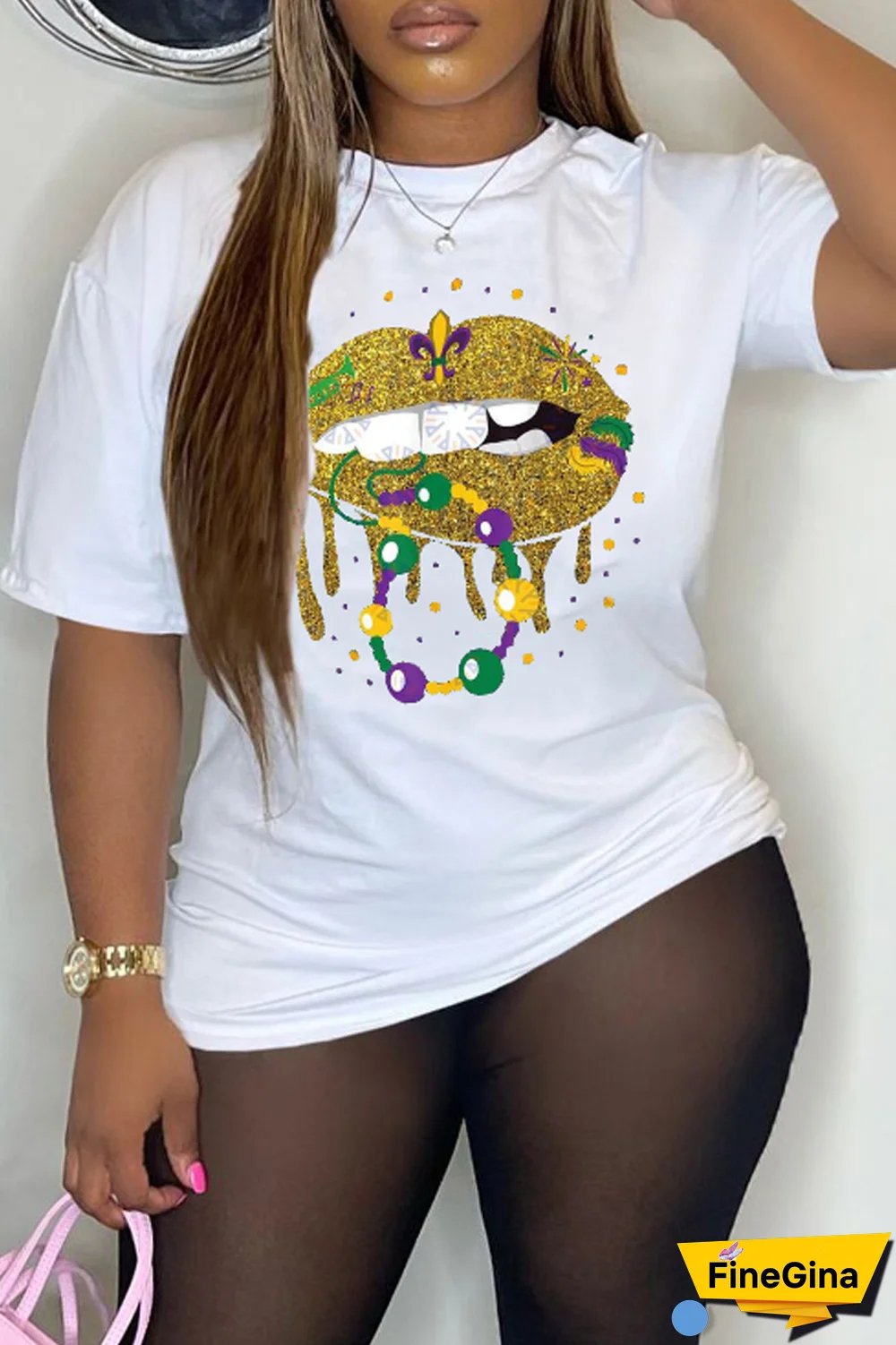 Grey Party Vintage Lips Printed Patchwork O Neck T-Shirts