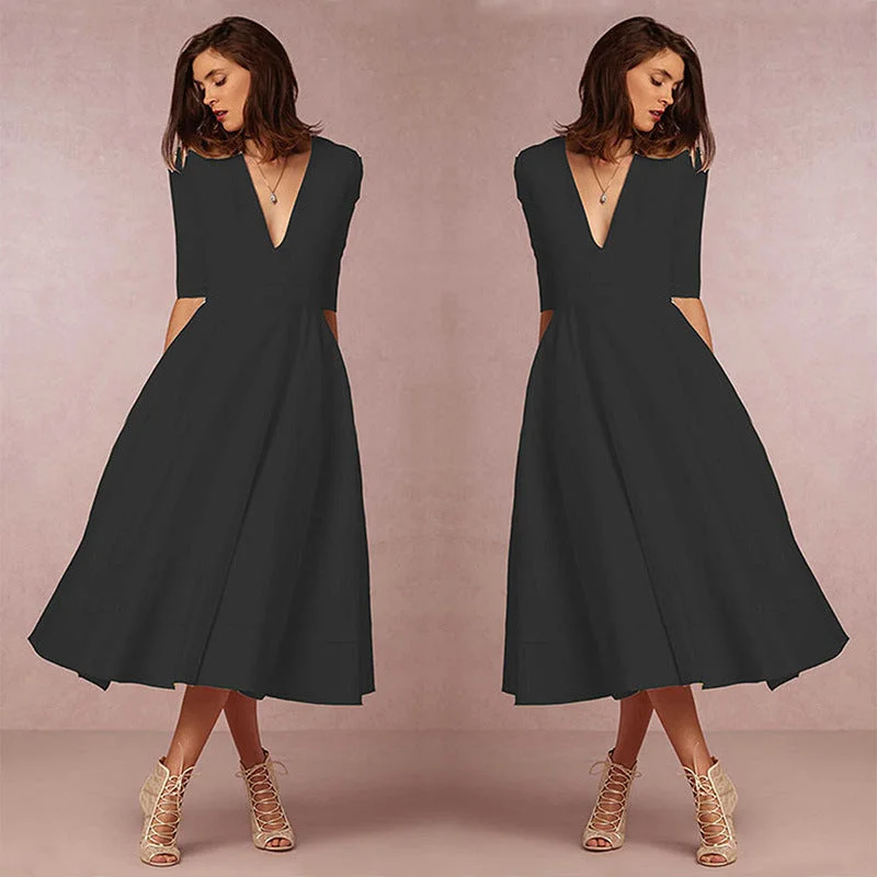 Gathered Half Sleeve A-Line Cocktail Midi Dress
