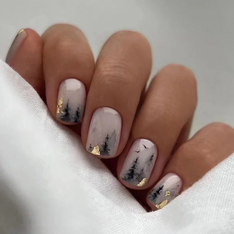Longyouyou 24Pcs Short Retro Flower Design Nails Manicure Art Pink False Nails Wearable Square Fake Nails Press on Full Cover Nail Tips