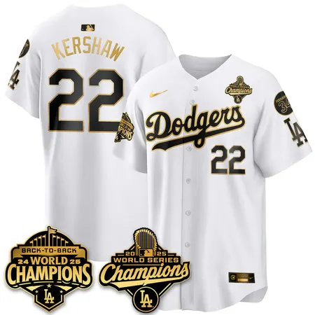 Men's Los Angeles Dodgers #22 Clayton Kershaw White 2025 World Series Champions Jersey