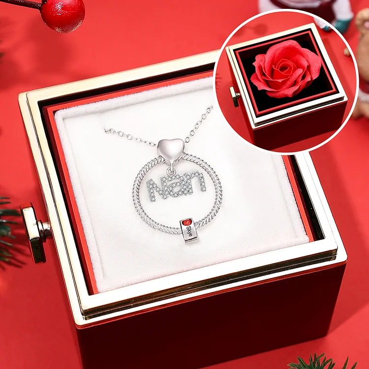 1 Name-Personalized Nan Circle Necklace Set With Premium Rotating Rose Flower Gift Box-Custom Woman Necklace With 1 Birthstone Engraved Names Gift For Nan/Nana/Nanny/Granny