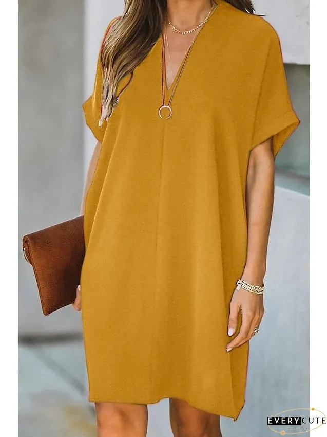 Casual Dress Midi Black White Yellow Short Sleeve Pure Color Summer Spring Neck Hot XXL