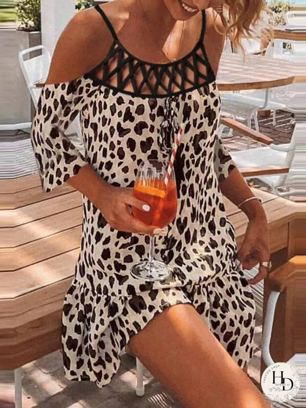 Leopard Print Stitching Hollow Sling Mini Dress P13159