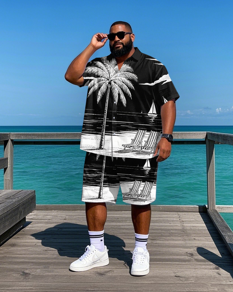 Big Men's Abstract Hawaiian Painting Coconut Trees Printed Daily Casual Short Sleeve Shirt Shorts Set