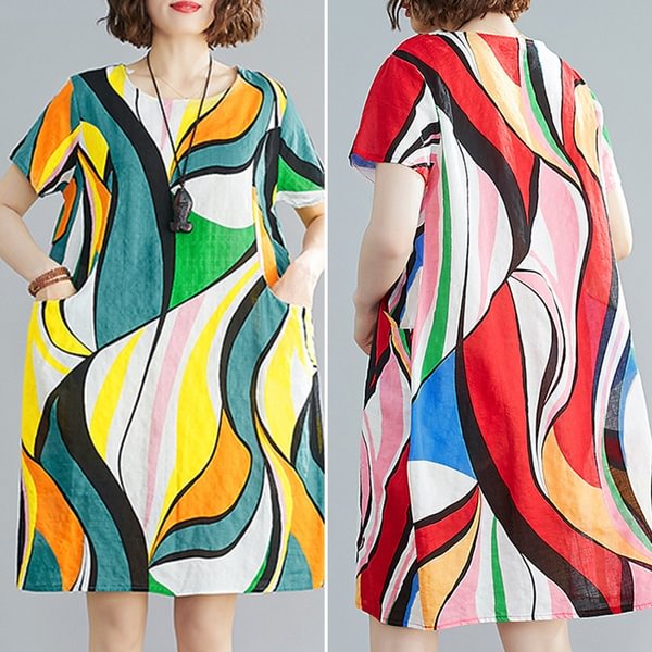 S-5XL Vintage Ladies Casual Beach Holiday Summer Sundress Geometric Print Baggy Mini Shirt Dress - Shop Trendy Women's Clothing | LoverChic