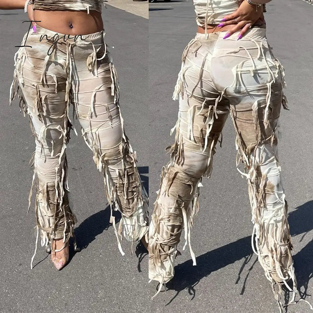 Ingvn - Tie Dye Fringe Pant Cargo Trousers Y2K Streetwear Fashion 2023 Women Summer Clothes Pencil