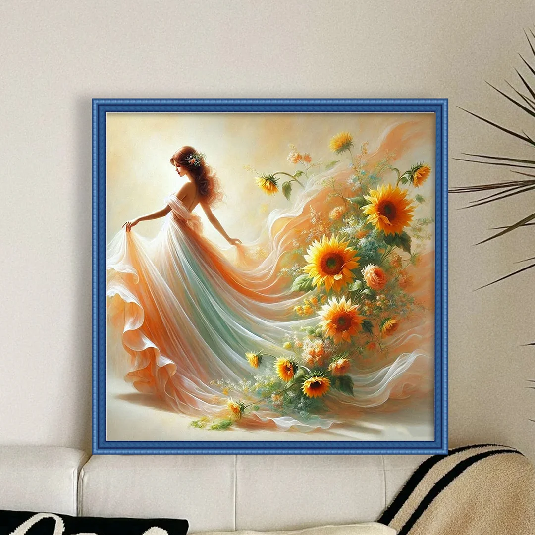 Orange Flower Girl Full 11CT DIY Stamped Cross Stitch Kits 45x45cm Home Decor