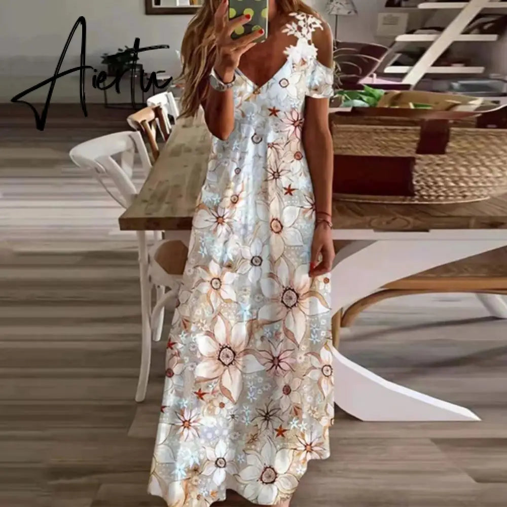 Women Summer Boho Long Dresses Sexy V-Neck Off Shoulder Hollow Out Floral Print Dress Casual Beach Short Sleeve Robe Vestidos Aiertu