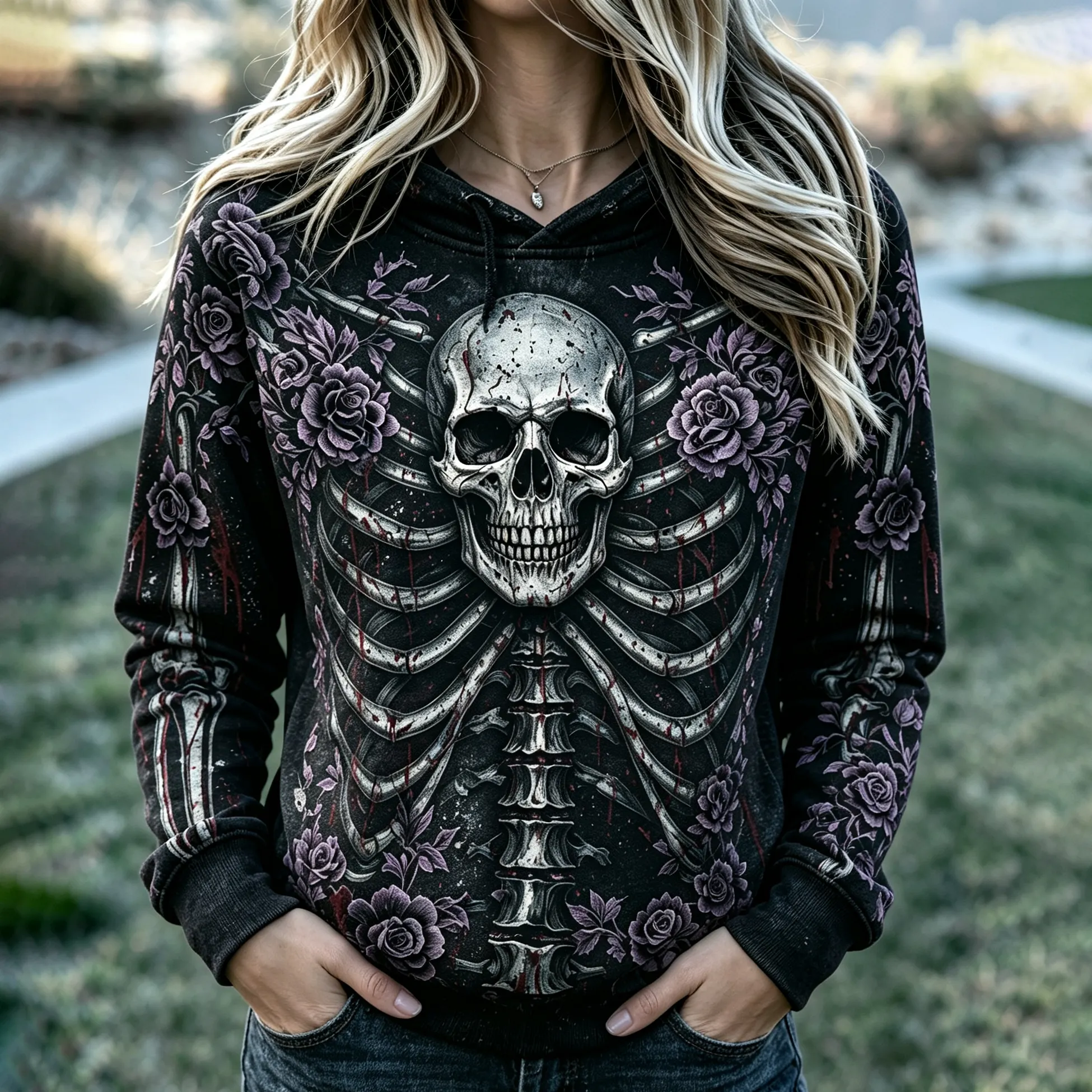 Women&rsquo;s Goth Skeleton Floral Print Flare Pants artswardrobe