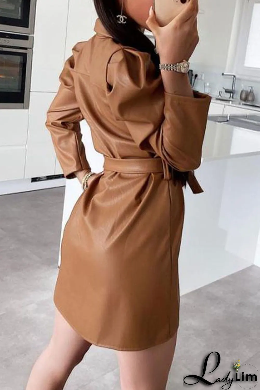 Khaki Fashion Casual Solid Split Joint Buckle Turndown Collar A Line Dresses