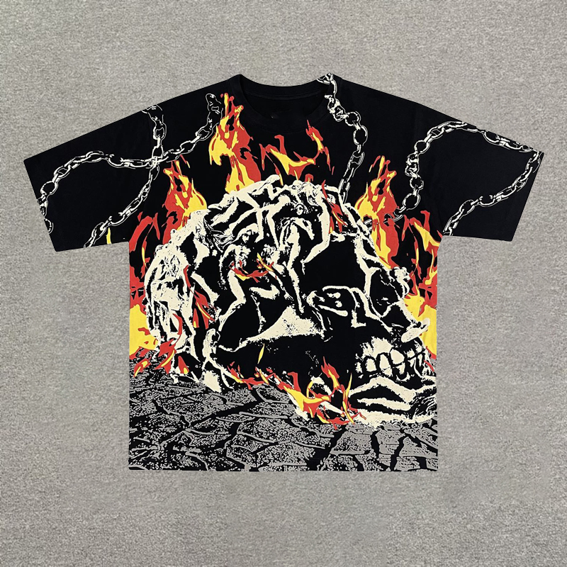 Trendy Street Skull Flame Print T-Shirt