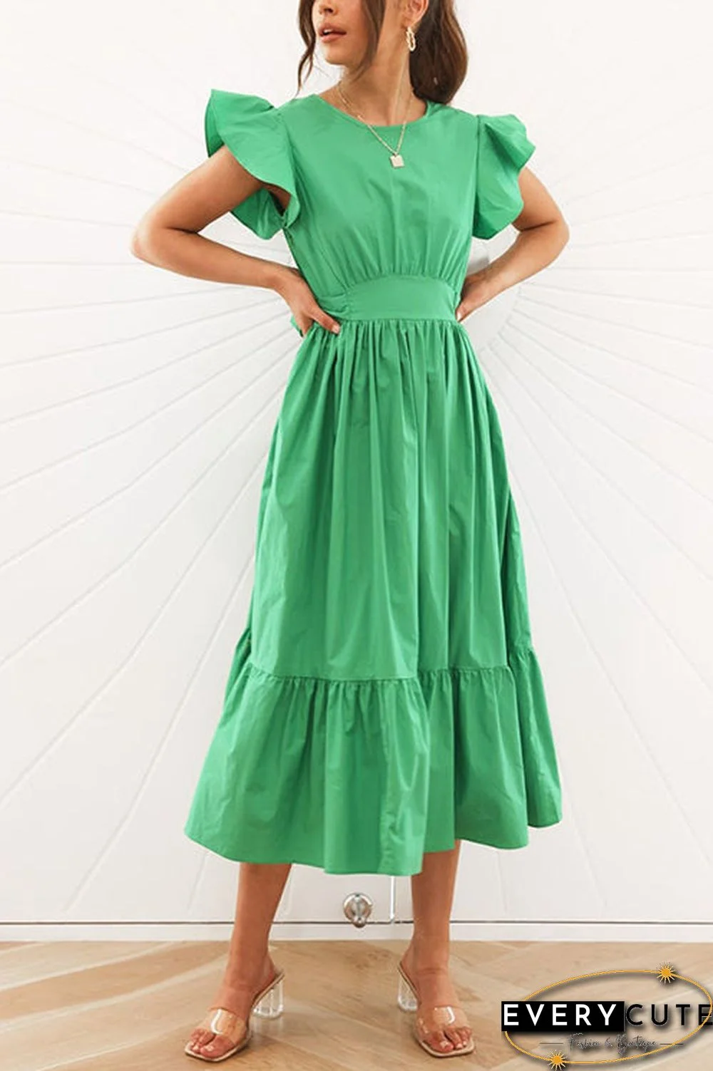 Ruffles Empire Waist Tie Backless Dress