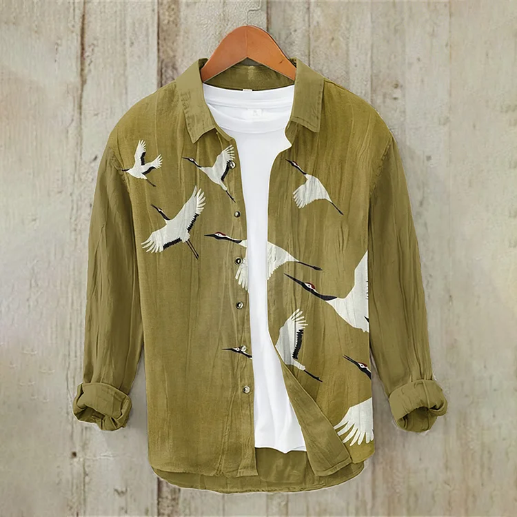 Comstylish Japanese Ukiyoe Crane Painting Vintage Cotton And Linen Shirt