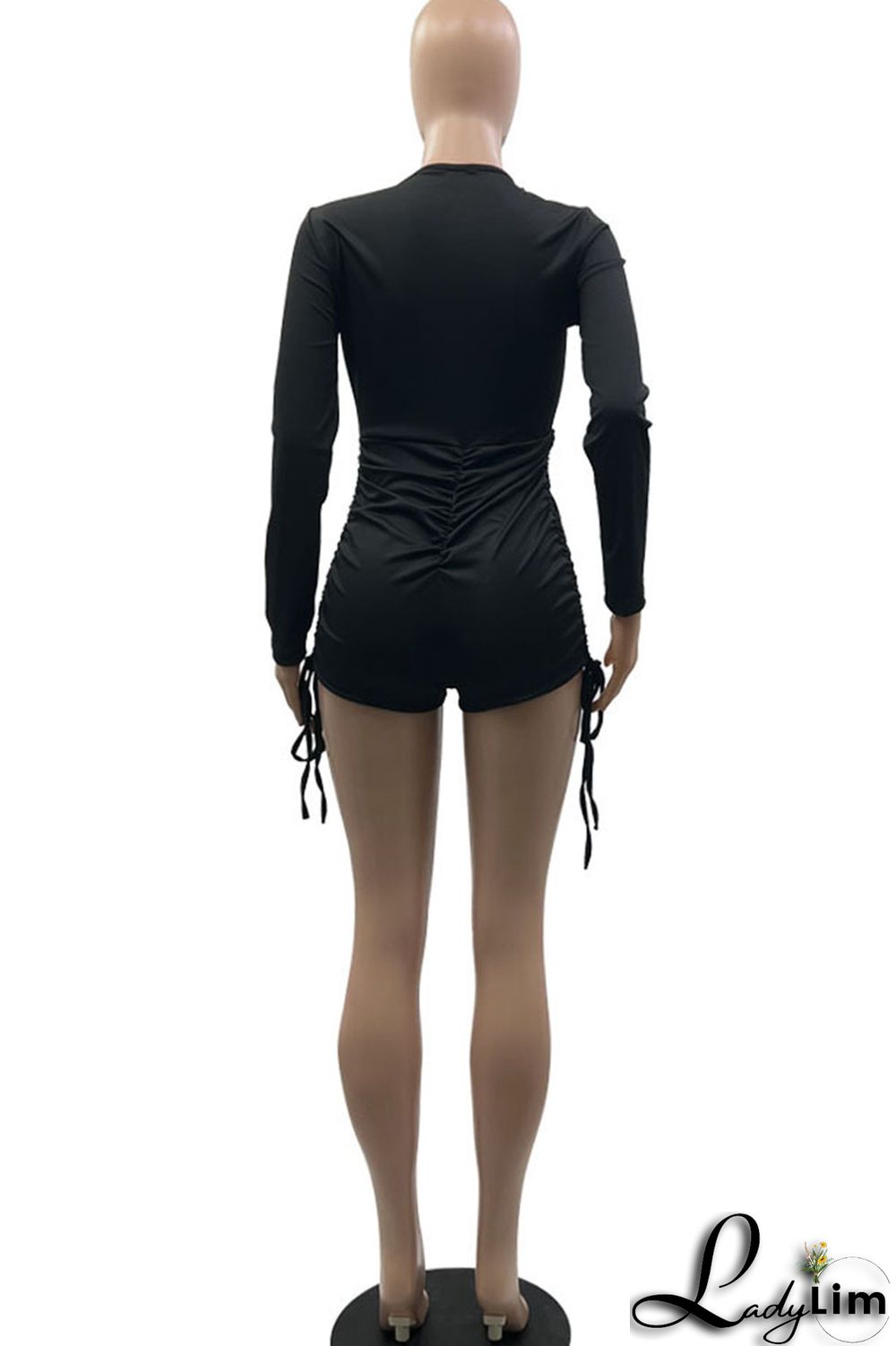 Black Sexy Solid Patchwork Fold V Neck Skinny Jumpsuits