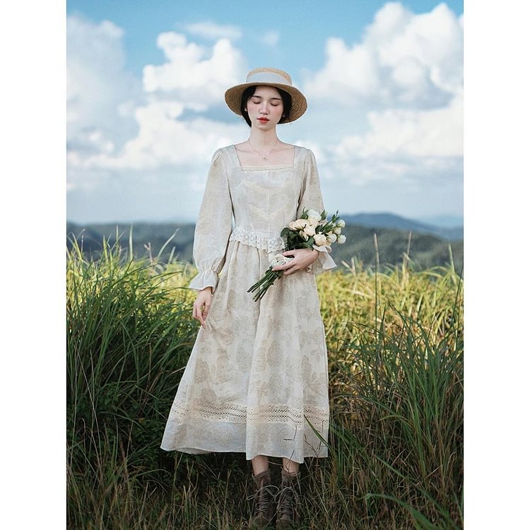 Fairy Tales Aesthetic Retro Royalcore Square Neckline Lace Dress QueenFunky
