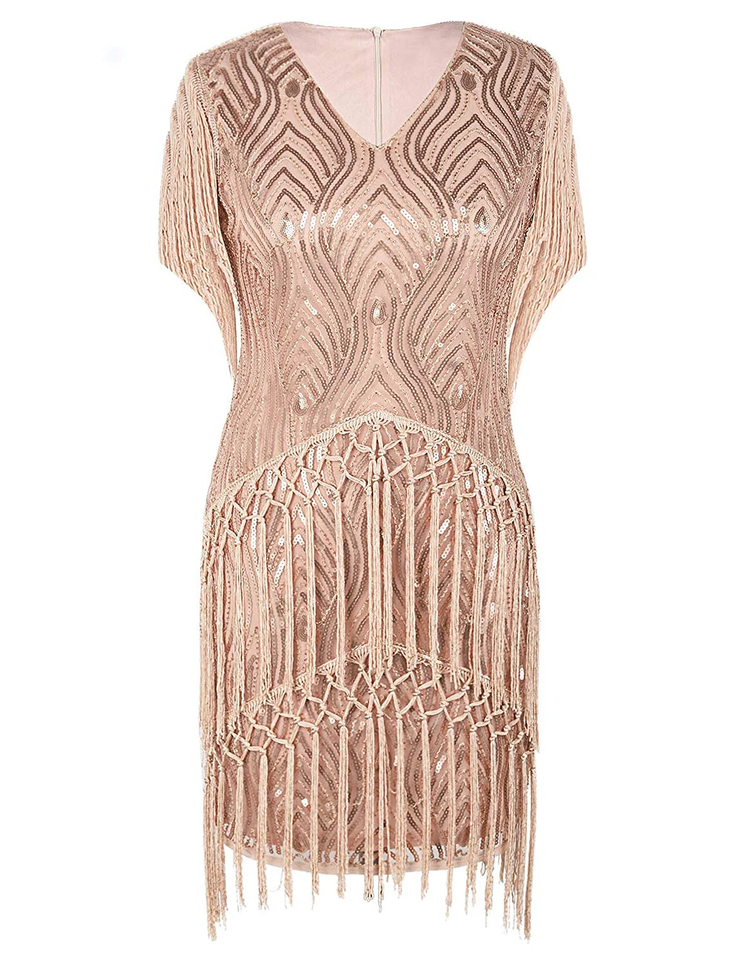Women's Flapper Dress Hand Braid Fringed Sequined 1920s Inspired Cocktail Dress (Large Rose Gold)
