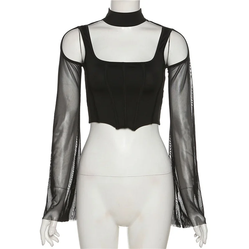 2022 Gothic Y2K Women's T-Shirts Long Sleeve Short Tops See-Through Hollow Out Slim-Fit Short Blouse Solid Color Navel Pullover
