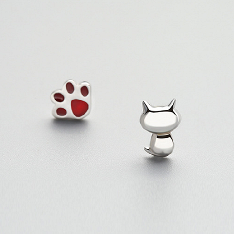 Cat Lovely Footprint 925 Sterling Silver Stud Earrings - Modakawa Modakawa