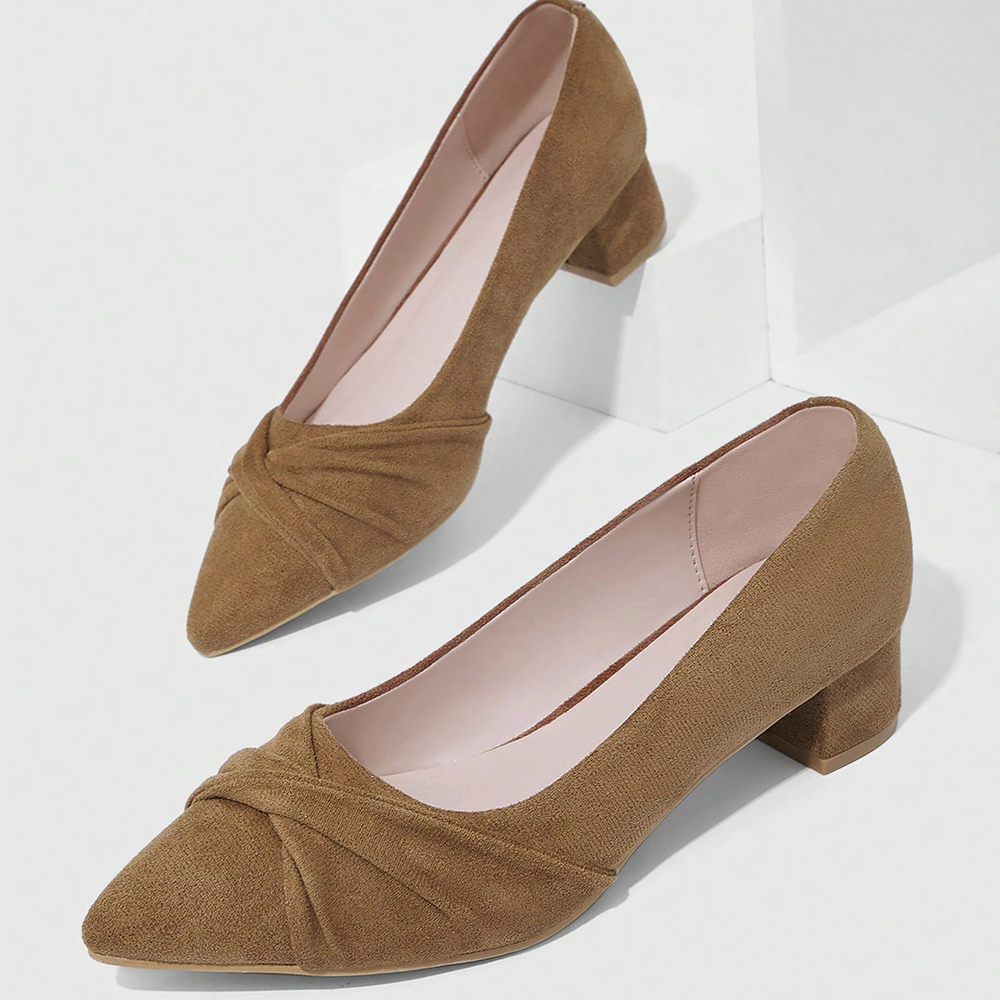 Brown Faux Suede Pointed Toe Chunky Heel Pumps Nicepairs