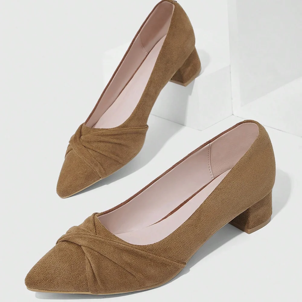 Brown Suede Closed Pointed Toe Pumps With Chunky Heels Nicepairs