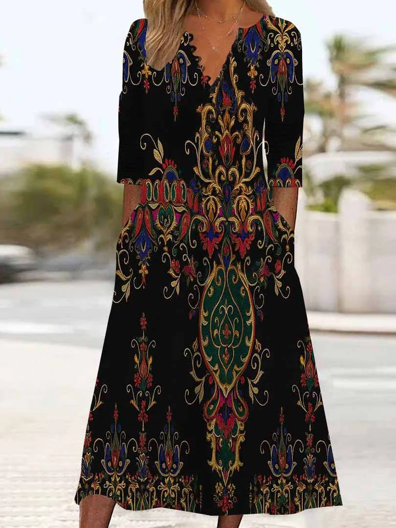 Women Graphic,Black DZHB8289 Long Sleeve V-Neck Graphic Printed Midi Dress